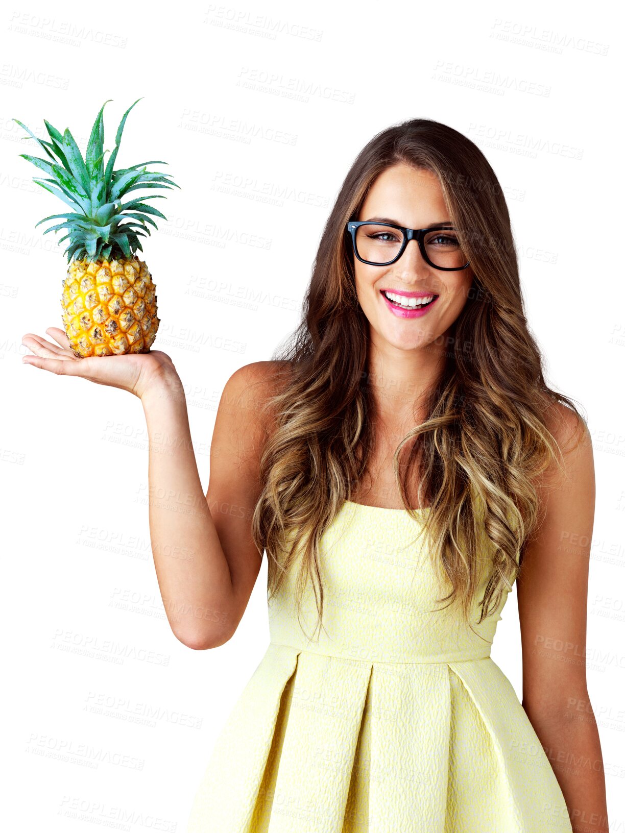 Buy stock photo Glasses, portrait or woman with holding pineapple for healthy food, diet or tropical fruit with vegan nutrition. Model, face or smile in vision for wellness or isolated on transparent png background