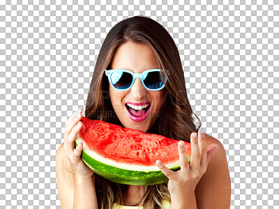 Buy stock photo Excited, portrait and woman in sunglasses with watermelon, healthy diet or nutrition. Face, person eating fruit and food for cool fashion, travel or holiday isolated on a transparent png background