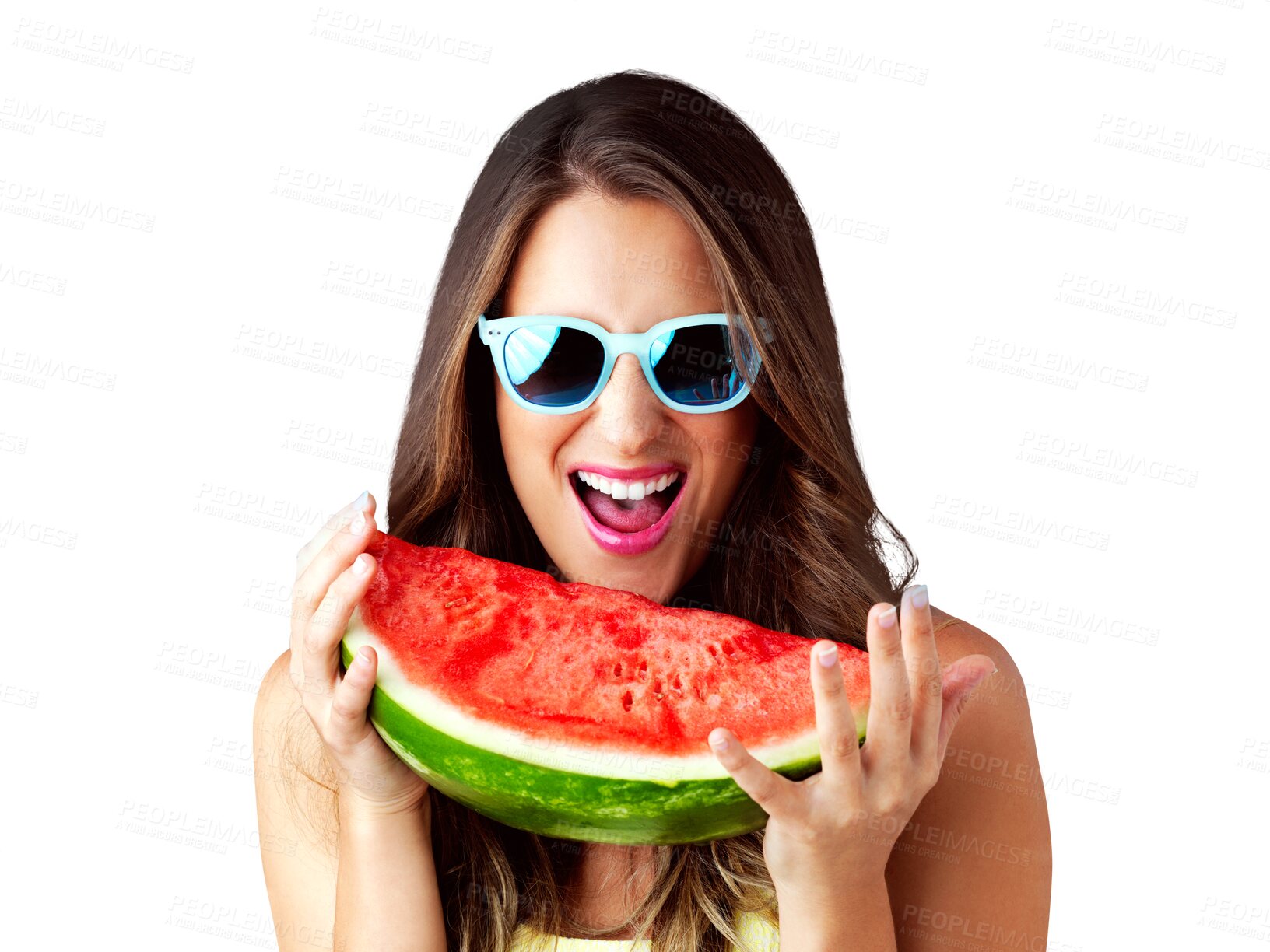 Buy stock photo Excited, portrait and woman in sunglasses with watermelon, healthy diet or nutrition. Face, person eating fruit and food for cool fashion, travel or holiday isolated on a transparent png background