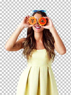 Buy stock photo Isolated woman, smile and papaya on face with summer style, fashion and diet by transparent png background. Girl, model and happy with healthy fruit, eyes and funny with nutrition, food or wellness