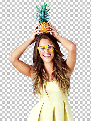 Buy stock photo Woman, sunglasses or portrait with pineapple for vegan, happy and health wellness for organic nutrition with tropical fruits. Model, face or smile for detox or isolated on transparent png background