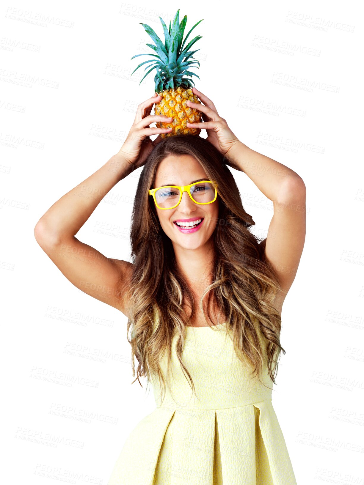 Buy stock photo Woman, sunglasses or portrait with pineapple for vegan, happy and health wellness for organic nutrition with tropical fruits. Model, face or smile for detox or isolated on transparent png background