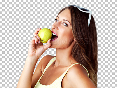 Buy stock photo Nutrition, portrait and woman eating apple for wellness snack on vegan, natural and organic diet. Happy, smile and young female person enjoying a green fruit isolated by transparent png background.