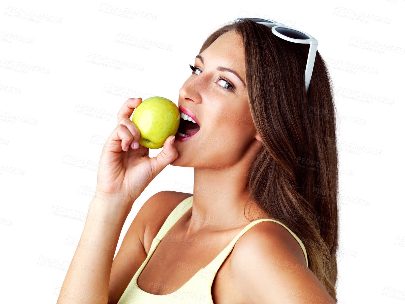 Buy stock photo Nutrition, portrait and woman eating apple for wellness snack on vegan, natural and organic diet. Happy, smile and young female person enjoying a green fruit isolated by transparent png background.