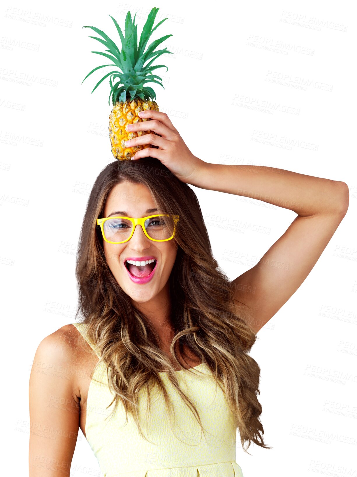 Buy stock photo Glasses, portrait or woman with pineapple on head for healthy food, diet or tropical fruits with vegan nutrition. Model, face or funny with detox wellness or isolated on transparent png background