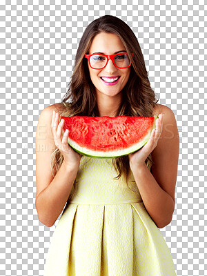 Buy stock photo Model, watermelon and portrait for vegan with fruits, health wellness and organic nutrition for hydration. Woman, confident and face with trendy glasses and isolated on transparent png background