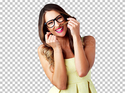 Buy stock photo Portrait, hair and mustache with a young woman isolated on a transparent background for vision or beauty. Smile, comic and haircare with an attractive model on PNG for playful humor or a joke