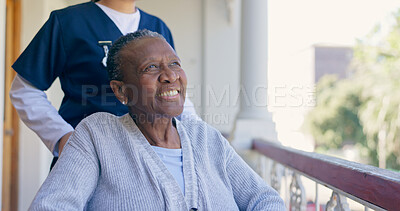 Buy stock photo Old woman, wheelchair and nurse outdoor for smile in nature, balcony or elderly wellness. Medical caregiver, black patient and support for person with a disability or retirement home, air or sunlight