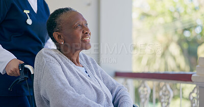 Buy stock photo Woman, person with disability or wheelchair for help, balcony or support with smile, nurse or old. Retirement home, healthcare or elderly for medical, retired or worker for patient, caregiver or job
