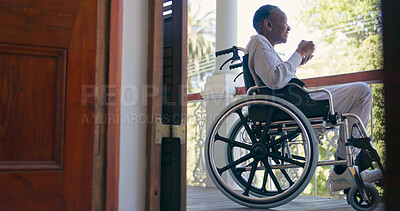 Buy stock photo Senior woman, person with disability and balcony for retired, retirement home and alone. Wheelchair, healthcare and elderly for medical, relaxing and enjoying for patient, outdoor and rehabilitation

