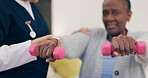 Caregiver, senior woman or dumbbell on bed to help, exercise or wellness in physiotherapy. Nurse, black person or fitness support in home in physical therapy, care or elderly patient in healthcare 