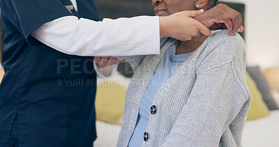 Buy stock photo Woman, physiotherapy and retirement home for help, wellness and support with closeup, nurse or old. Rehabilitation, healthcare or elderly for medical, retired or worker for patient, massage and job
