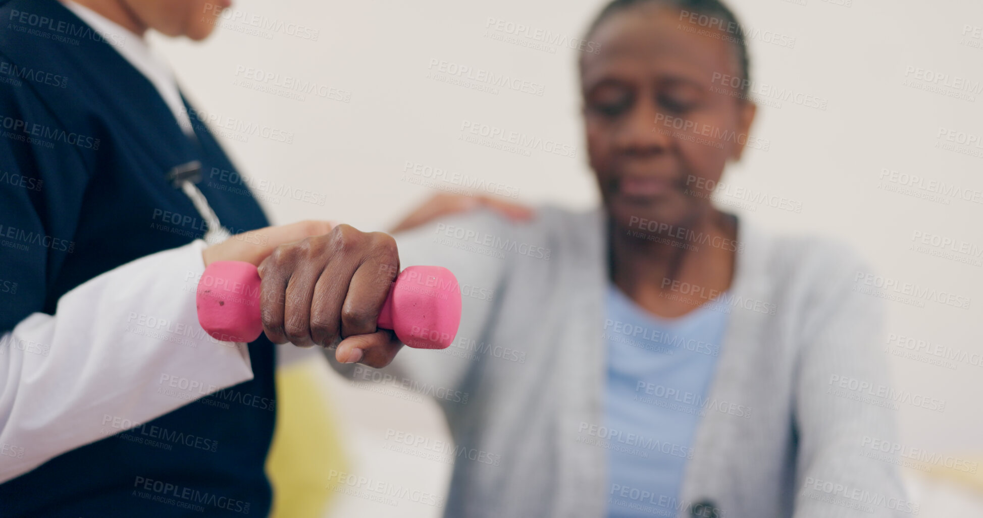 Buy stock photo Caregiver, elderly woman or dumbbell on bed to help, exercise or wellness in physiotherapy. Nurse, black person or fitness in bedroom in physical therapy, senior patient or healthcare in retirement 
