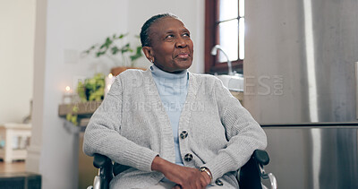 Buy stock photo Retirement home, thinking and senior woman in wheelchair,  and smile for healthcare, choice and decision. Elderly black person with disability, positive mental health and happy or trust in future