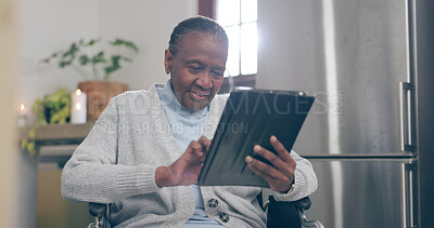 Buy stock photo Old woman, wheelchair and tablet happy for online connection, internet reading or social media search. Black person, mobility assistance and digital typing or distance communication, email in kitchen