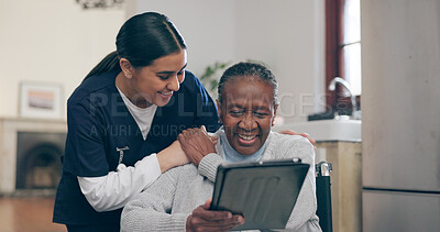 Buy stock photo Tablet, discussion and nurse with patient for research on medical diagnosis in nursing home. Consultation, digital technology and female caregiver talk to senior black woman in rehabilitation clinic.