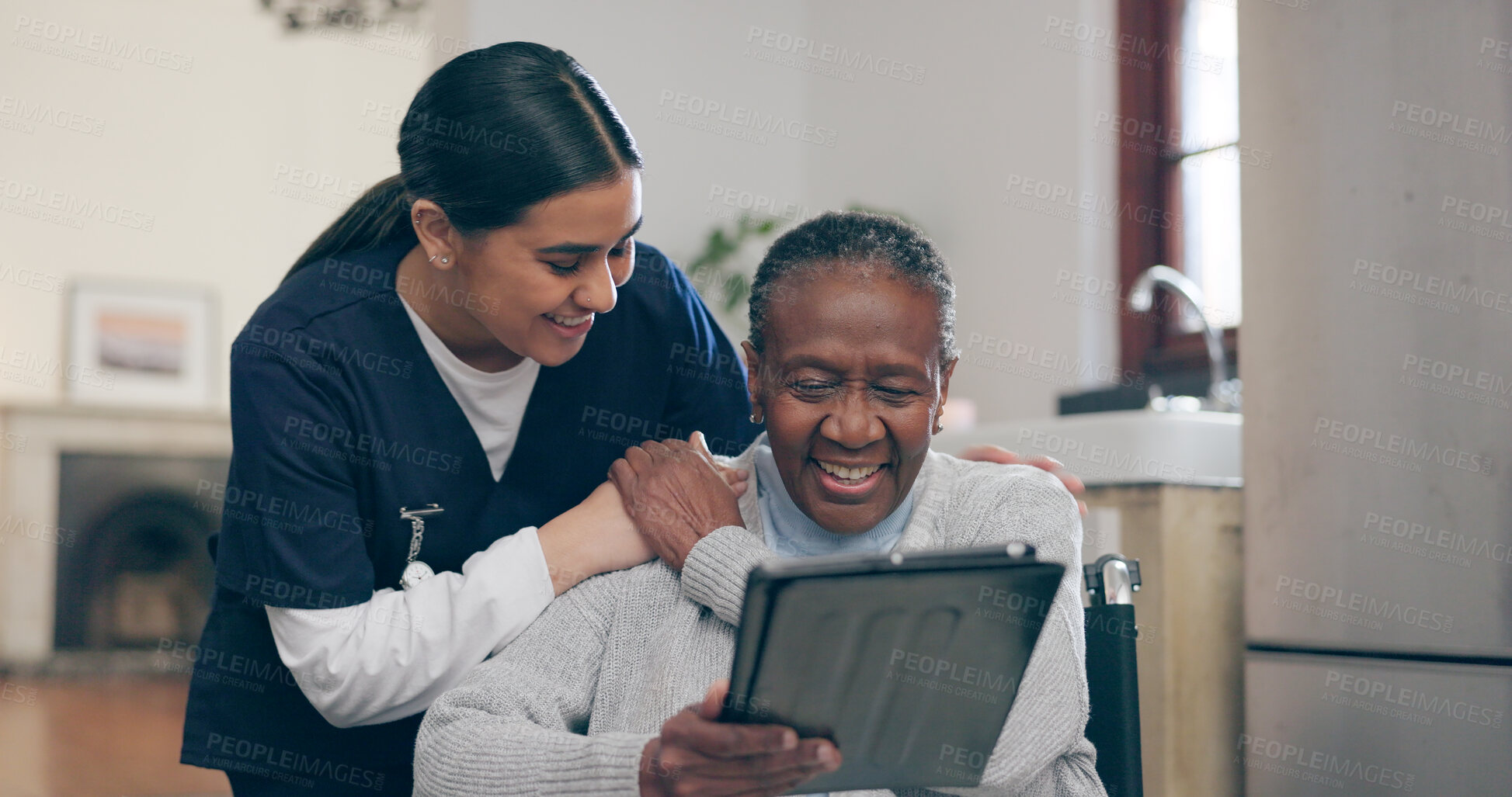 Buy stock photo Tablet, discussion and nurse with patient for research on medical diagnosis in nursing home. Consultation, digital technology and female caregiver talk to senior black woman in rehabilitation clinic.
