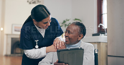 Buy stock photo Tablet, consultation and nurse with patient for research on medical diagnosis in nursing home. Discussion, digital technology and female caregiver talk to senior black woman in rehabilitation clinic.