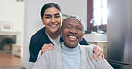 Smile, healthcare and portrait of nurse with patient in a wheelchair for discussion at nursing home. Medical career, happy and young female caregiver with senior black woman with disability in house.
