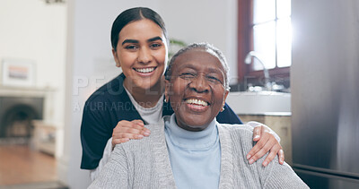 Buy stock photo Smile, healthcare and portrait of nurse with patient in a wheelchair for discussion at nursing home. Medical career, happy and young female caregiver with senior black woman with disability in house.