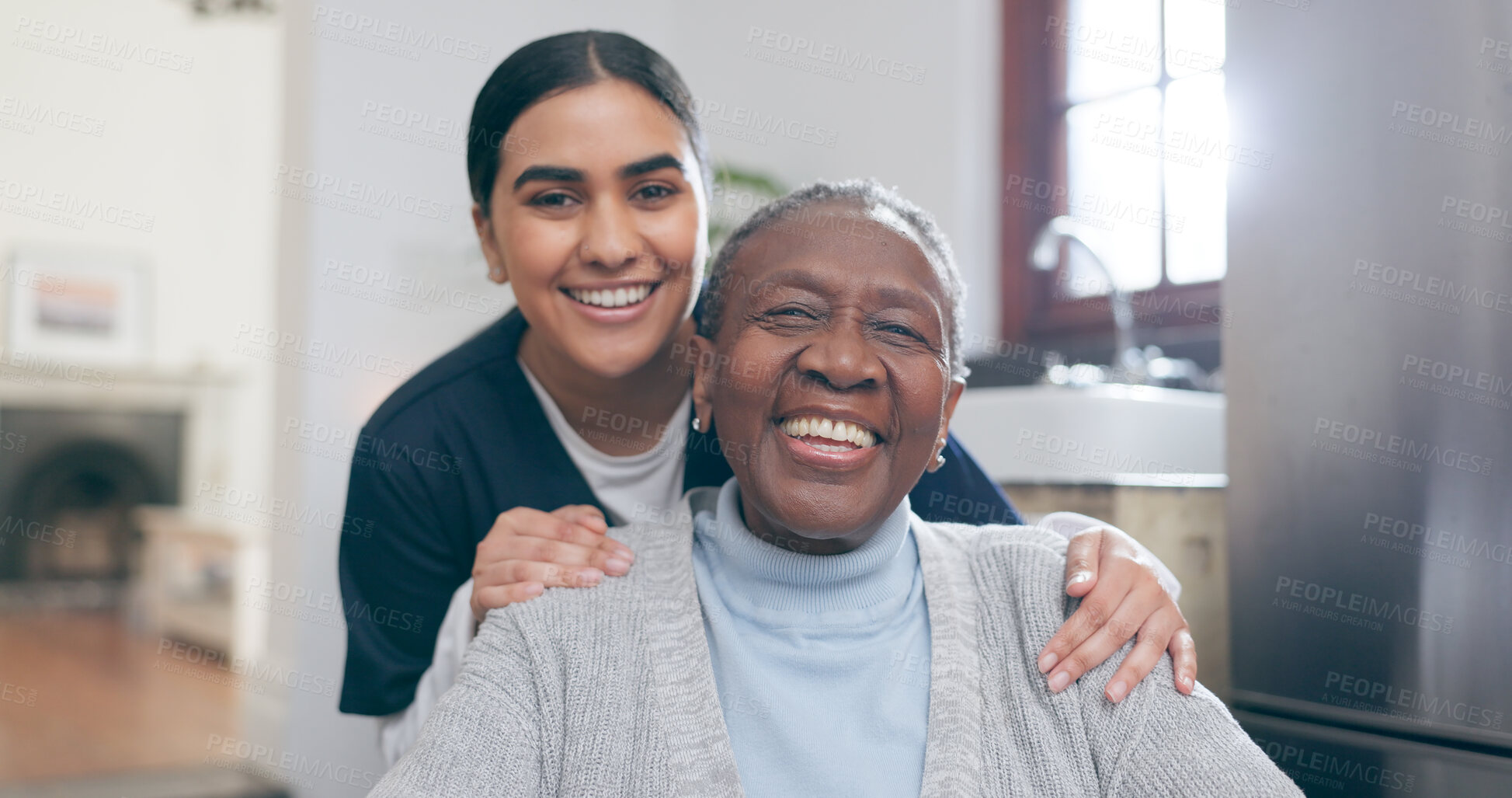 Buy stock photo Smile, healthcare and portrait of nurse with patient in a wheelchair for discussion at nursing home. Medical career, happy and young female caregiver with senior black woman with disability in house.