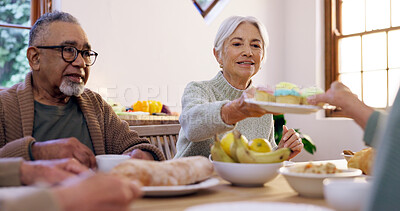 Buy stock photo Cup cake, tea party and group of senior people in the living room of a community home for a social. Friends, retirement or conversation with elderly men and women together in an apartment for a visit