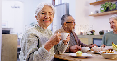 Buy stock photo Portrait, tea party and a group of senior people in the living room of a community home for a social. Friends, smile or retirement with elderly men and women together in an apartment for a visit