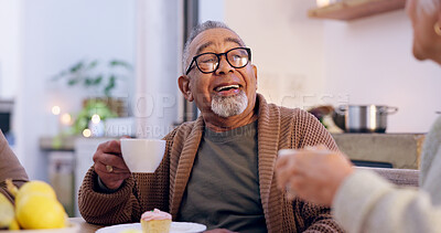 Buy stock photo Senior couple, drinking coffee and communication at home, discussion and talking in kitchen. Happy elderly people, conversation and speaking at night, laugh and funny joke together, talk and bonding