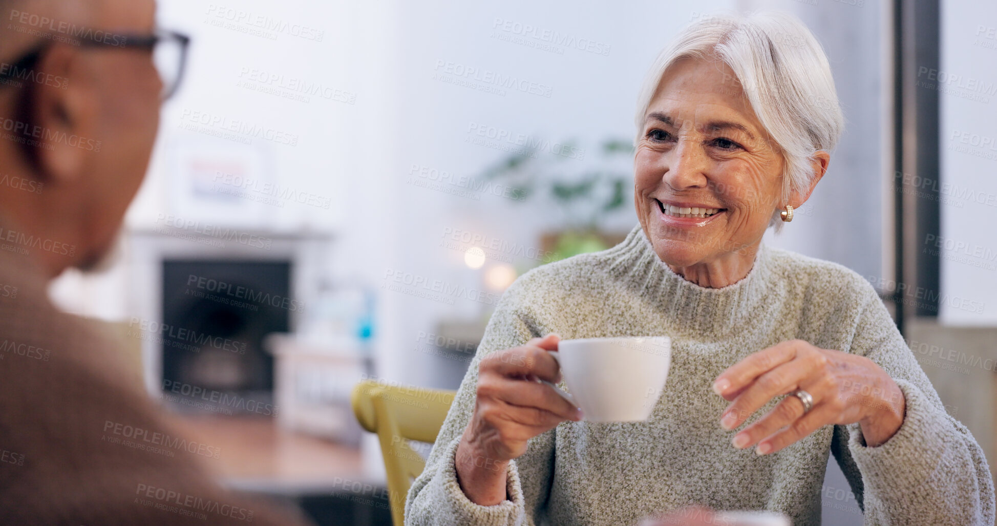 Buy stock photo Smile, retirement and a senior couple drinking tea in the dining room of their home together in the morning. Love, relax or conversation with an elderly man and woman in their apartment for romance