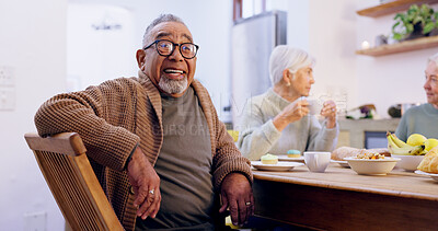 Buy stock photo Retirement, tea party and a group of senior people in the living room of a community home for a social. Friends, smile or conversation with elderly men and women together in an apartment for a visit