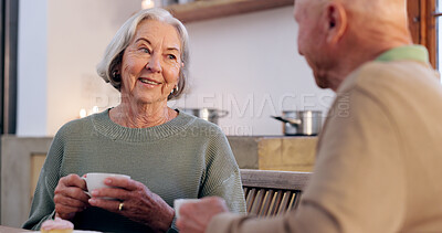 Buy stock photo Love, retirement and an elderly couple drinking tea in the dining room of their home together in the morning. Smile, relax or coffee conversation with a senior man and woman in apartment for romance
