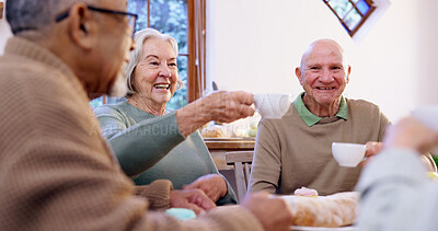 Buy stock photo Toast, tea party and a group of elderly people in the living room of a community home for a social. Friends, smile or cheers with happy senior men and women together in an apartment for a visit