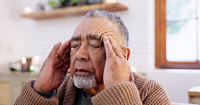 Buy stock photo Senior man, headache and stress in retirement, anxiety and migraine at home, tension or pain. Elderly person, burnout and frustrated or worry, head and mental health or depression for loss and grief