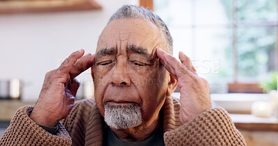 Buy stock photo Senior man, headache and anxiety in retirement, stress and migraine at home, tension or pain. Elderly person, healthcare problem and frustrated or worry, head and mental health or depression for loss