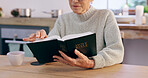 Hands, bible and senior woman with reading, studying religion and thinking in home for mindfulness. Elderly person, book and peace with knowledge, gratitude or connection to God, holy spirit or faith