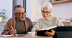 Senior couple, bible study and home with reading, writing and thinking with faith, worship or knowledge. Elderly woman, old man and interracial marriage with religion, notebook or spiritual education