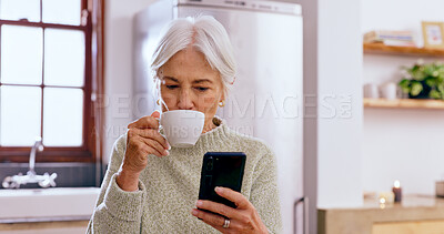 Buy stock photo Senior woman, tea and phone with reading, texting and communication on web, app and typing in home. Elderly lady, drink and coffee cup for espresso with smartphone, social network or notification