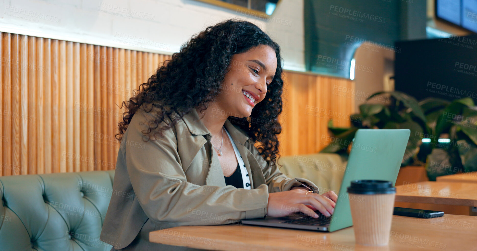 Buy stock photo Coffee shop, thinking and woman with a laptop, typing and connection with ideas, copywriting and planning. Person, freelancer and entrepreneur with a pc, cafe or project with email and brainstorming