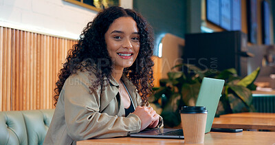 Woman, portrait and laptop in cafe for remote work, research or networking for business with smile. Face, person and happiness with technology in coffee shop for copywriting, internet and freelancer