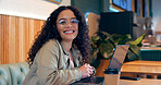 Woman, portrait and laptop in coffee shop for remote work, research or networking for business with smile. Face, person and happiness with technology in cafe for copywriting, internet and freelancer