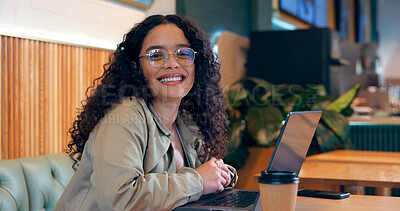 Woman, portrait and laptop in coffee shop for remote work, research or networking for business with smile. Face, person and happiness with technology in cafe for copywriting, internet and freelancer