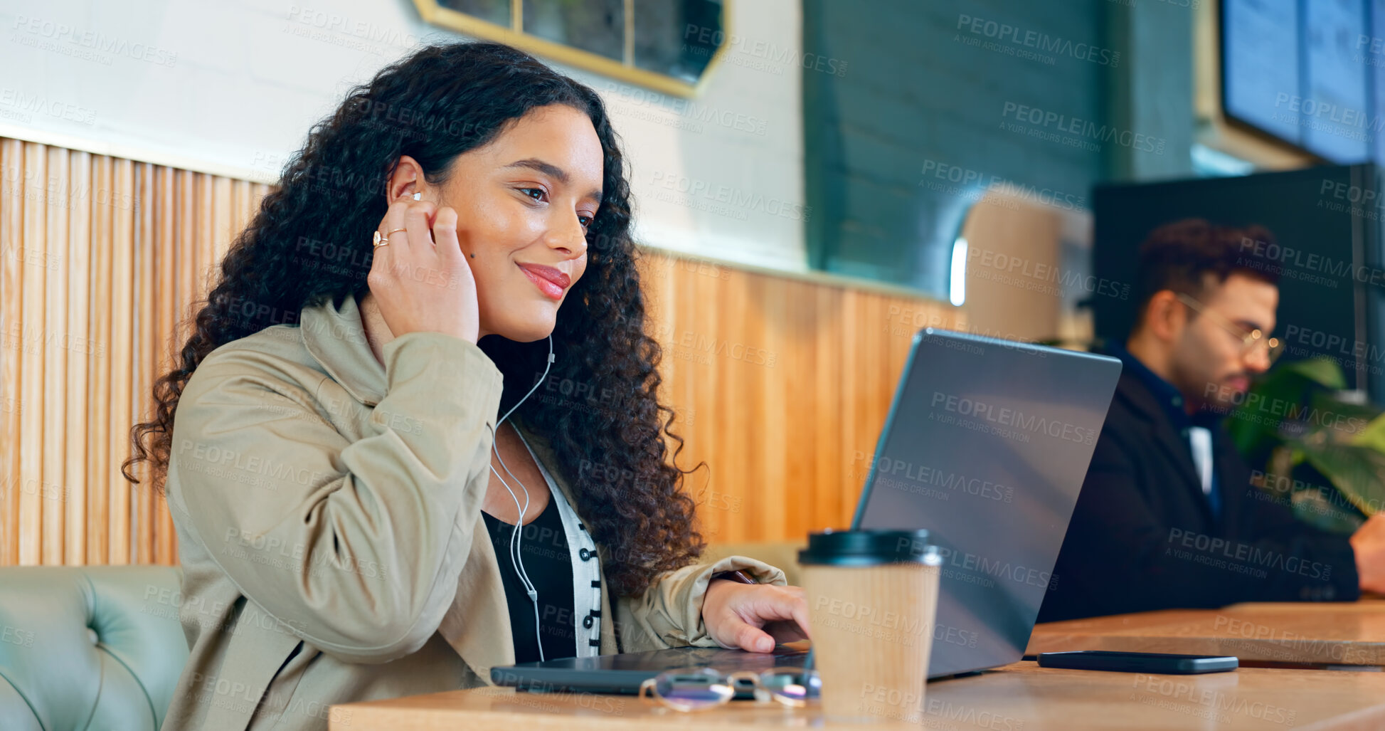 Buy stock photo Woman, music and laptop in coffee shop for remote work, research or networking for business with smile. Face, person and happiness with technology in cafe for copywriting, internet and freelancer