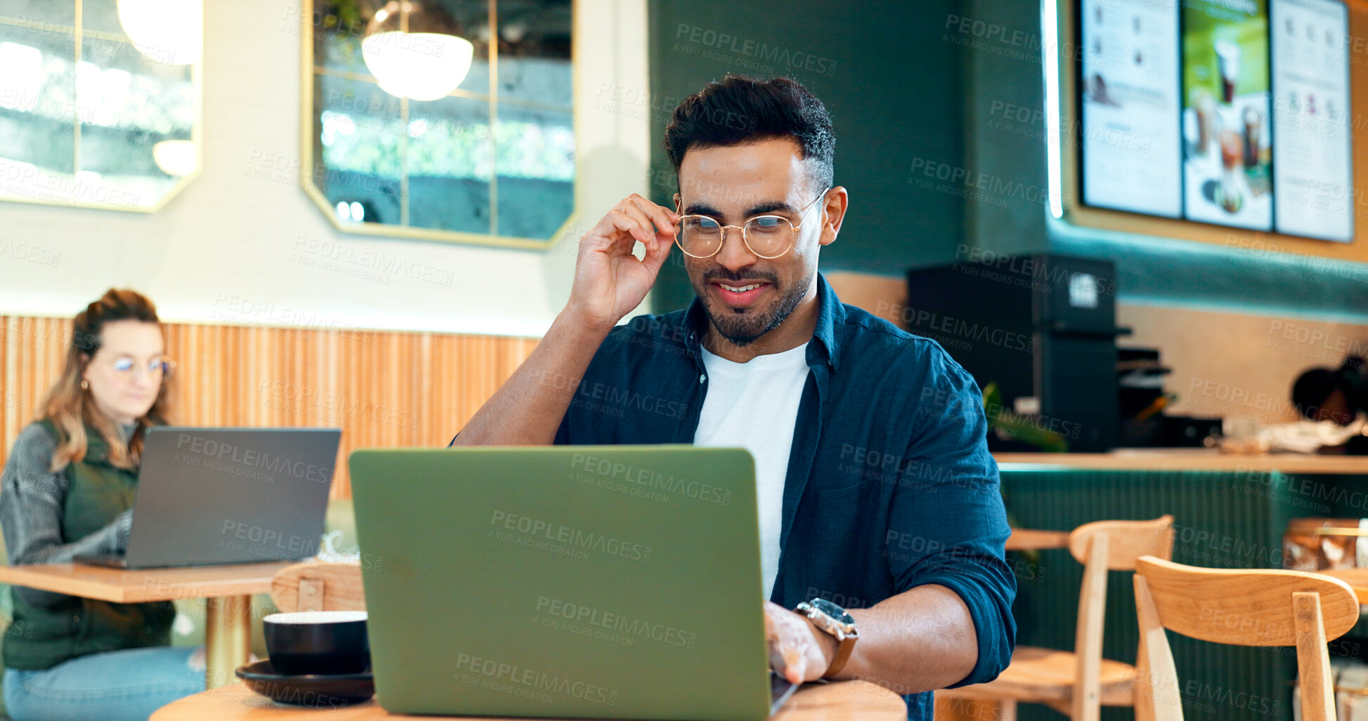 Buy stock photo Man, reading glasses and laptop at cafe for online research, remote work and review of blog or social media. Happy freelancer worker in coffee shop or restaurant with computer for menu or information