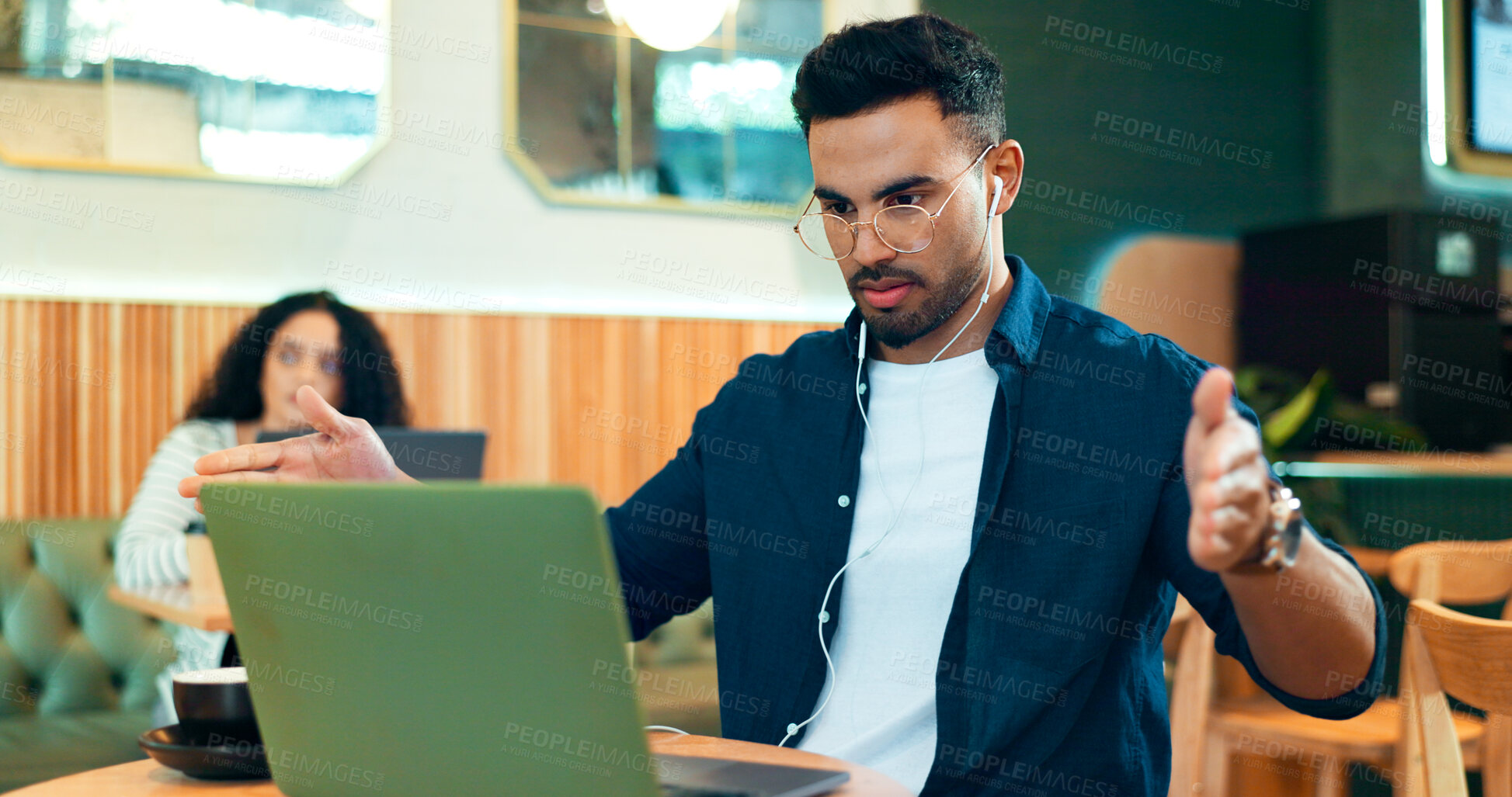 Buy stock photo Man, laptop and video call in cafe for remote work, online meeting and planning or networking for job opportunity. Freelancer talking on computer for virtual discussion at a restaurant or coffee shop