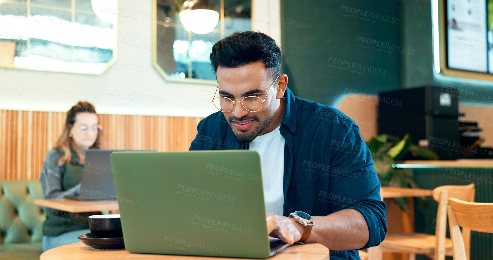 Buy stock photo Cafe, thinking and man with laptop, typing and connection with inspiration, copywriting and planning. Person, freelancer and entrepreneur with pc, coffee shop or project with company website or email