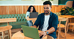 Cafe, thinking and man with a laptop, copywriting and connection with inspiration, email and planning. Person, freelancer or entrepreneur with a pc, coffee shop or project with company website or app