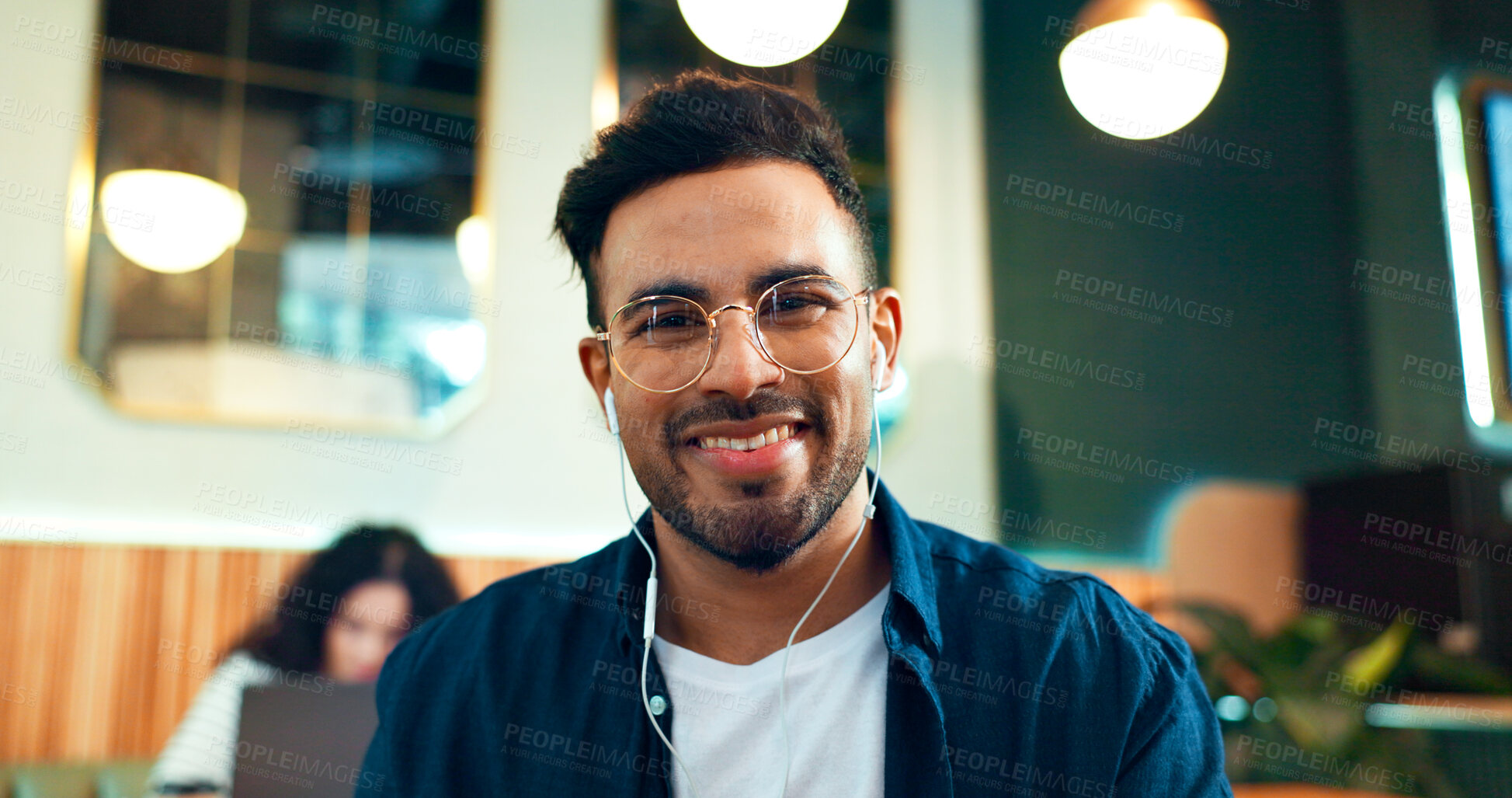 Buy stock photo Man, portrait and smile with video call in cafe for relax, remote work or networking with earphones in morning. Person, face and listening to music for peace, coffee break or happiness in restaurant