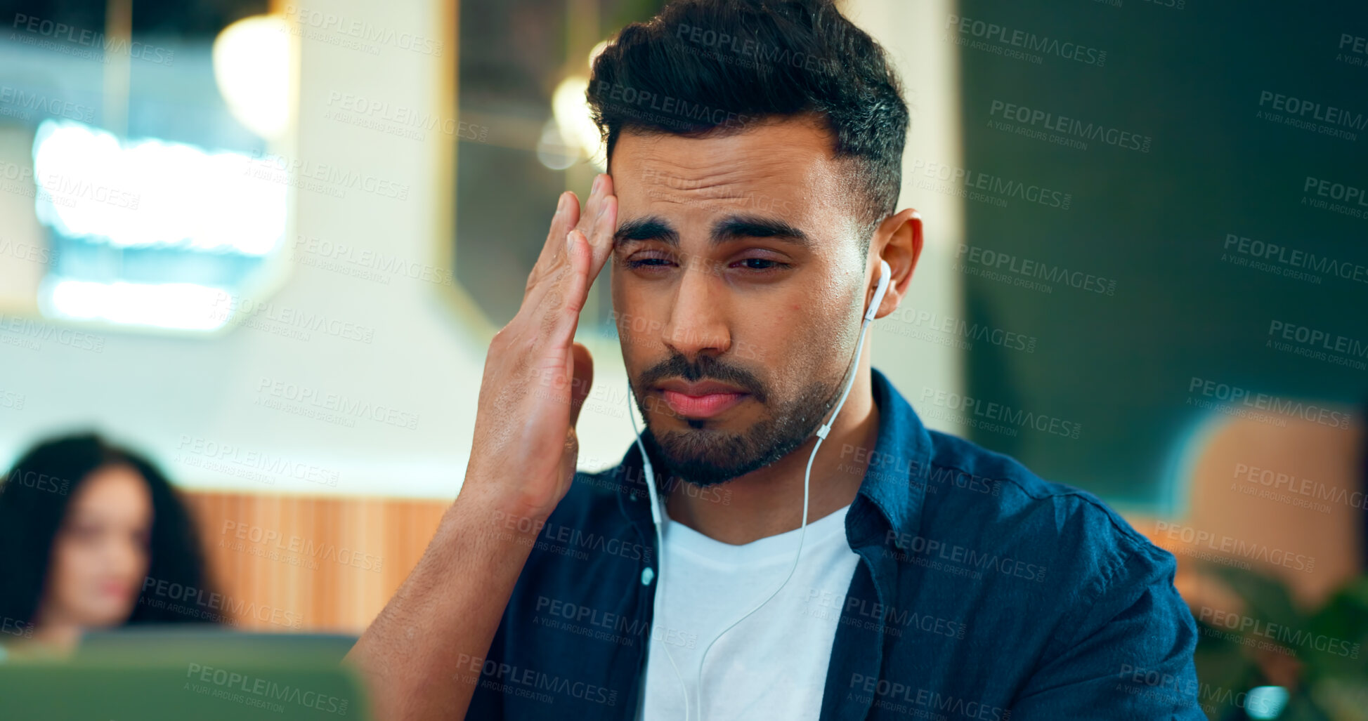 Buy stock photo Man, headache and pain at cafe for online research, planning and remote work stress, deadline or mistake. Frustrated freelancer listening to music with migraine, mental health and tired in restaurant