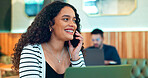Woman, phone call and happy in cafe for remote work, communication or networking for business. Face, person and smile with smartphone in coffee shop for copywriting, conversation and freelancer
