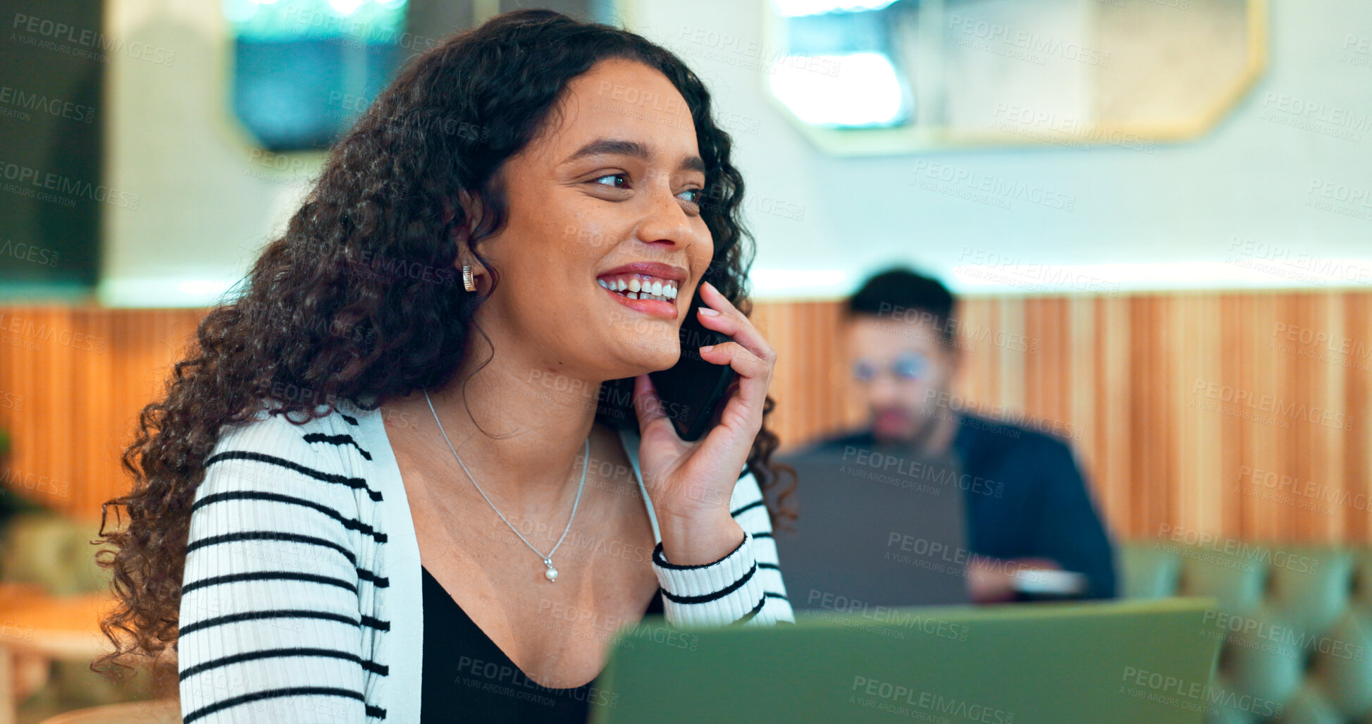 Buy stock photo Woman, phone call and happy in cafe for remote work, communication or networking for business. Face, person and smile with smartphone in coffee shop for copywriting, conversation and freelancer